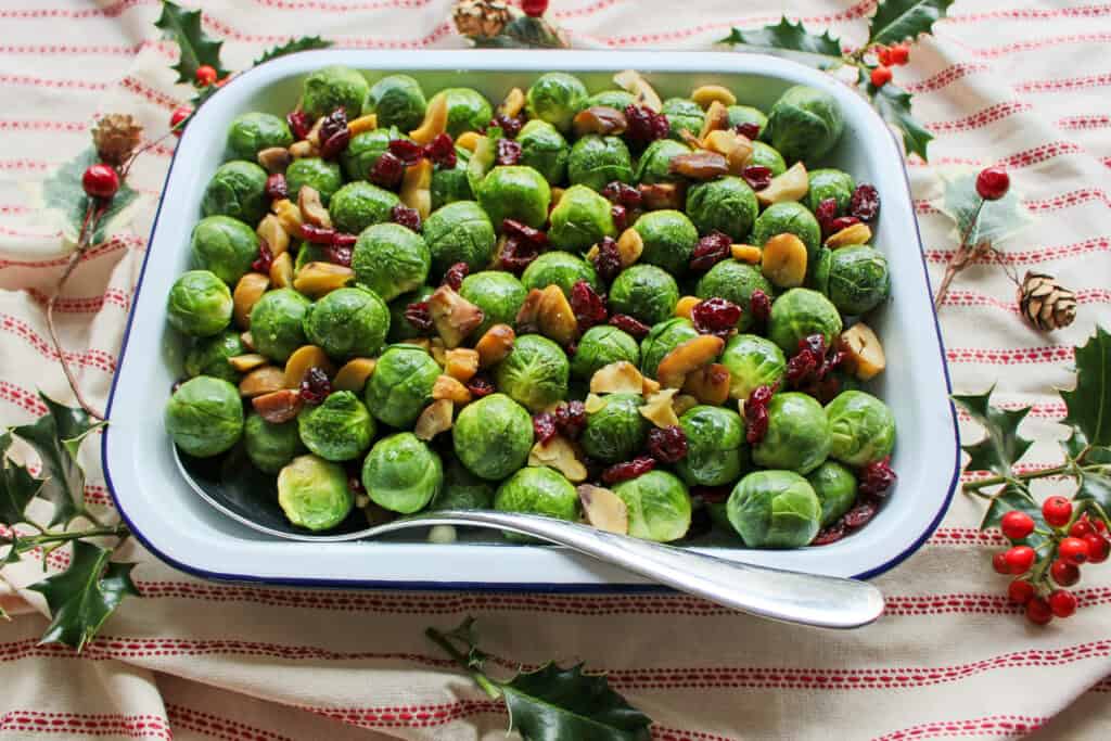 Get Festive: Vegan Roasted Brussels Sprouts with Cranberries & Chestnuts